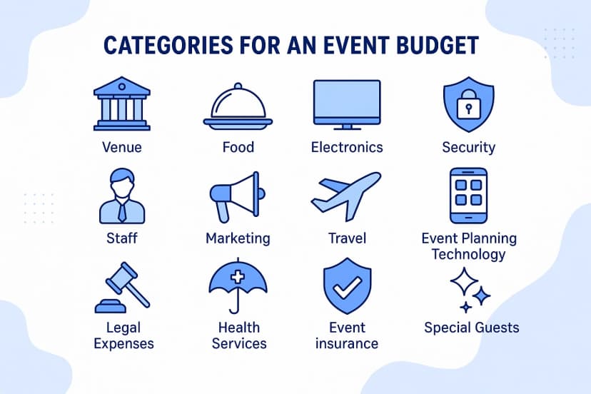 Grid of twelve blue icons under ‘Categories for an Event Budget’: Venue, Food, Electronics, Security, Staff, Marketing, Travel, Event Planning Technology, Legal Expenses, Health Services, Event Insurance, Special Guests