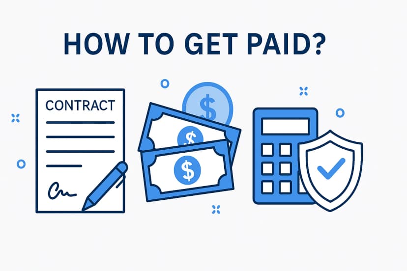 Illustration titled ‘How to Get Paid?’ showing a signed contract with pen, floating dollar bills and coin, alongside a calculator and shield icon