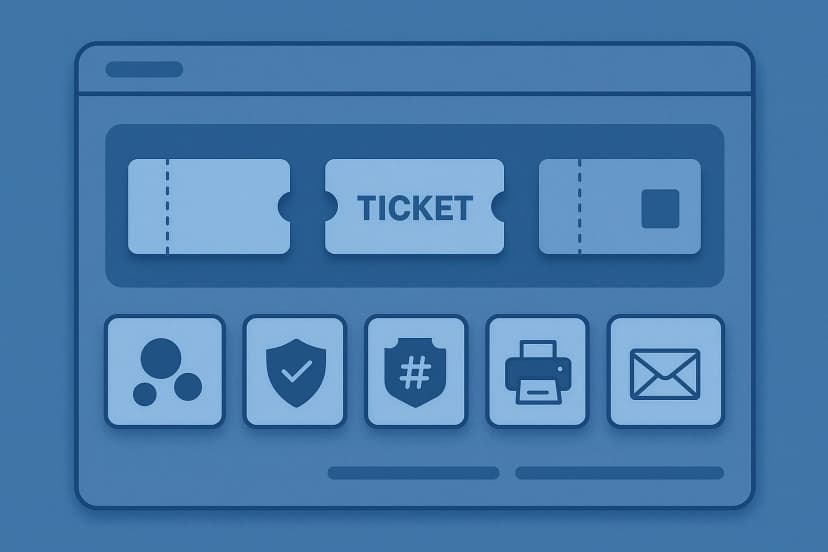 Web mockup shows three ticket thumbnails above row of five icons: cluster, shield with check, hashtag shield, printer, and envelope