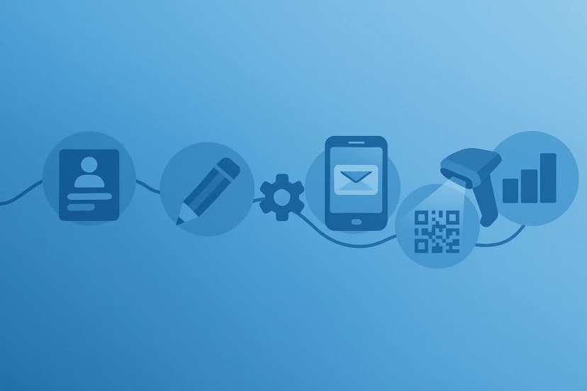 Row of blue icons over gradient depicting profile badge, pencil, gear, mobile email, QR and barcode scanners, and bar chart