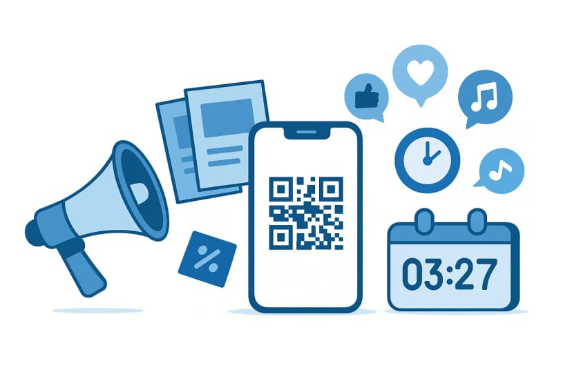 Illustration with a megaphone, documents and percentage icon, smartphone displaying a QR code, and a digital clock reading 03:27