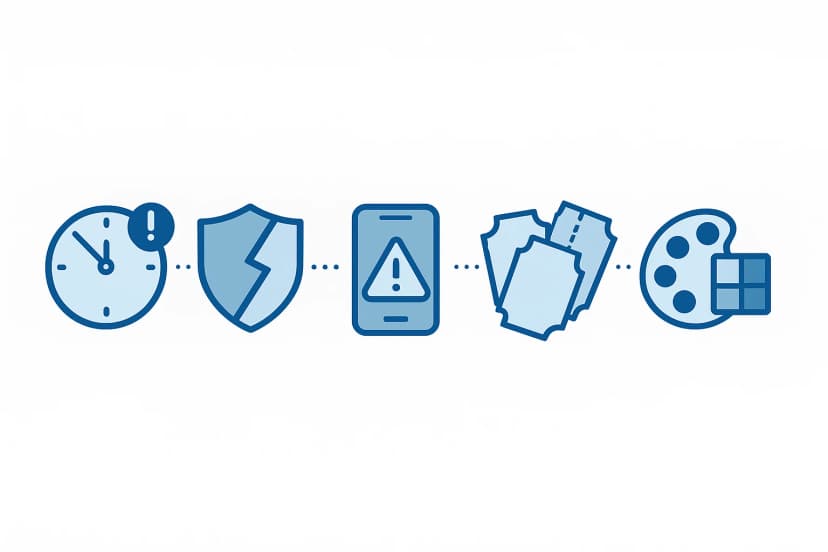 Line of blue icons showing a clock with alert badge, cracked shield, smartphone warning, ticket stubs, and artist palette