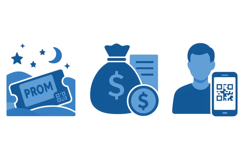 Icon set showing prom ticket under stars and moon illustrating How to Make Prom Tickets, money bag with document, and QR-Code user