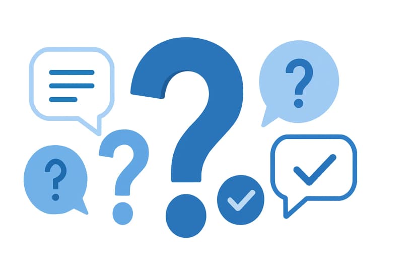 Multiple light and dark blue speech bubbles and question mark icons scattered on a white background with checkmark symbols
