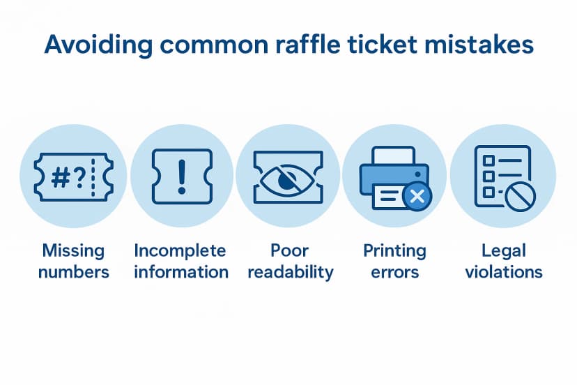 Infographic showing common raffle ticket mistakes: missing numbers, incomplete information, poor readability, printing errors, and legal violations