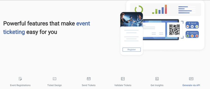 Promotional illustration of an Activity Leisure Ticketing System, showing event registration, QR code validation, and analytics features for managing and designing tickets