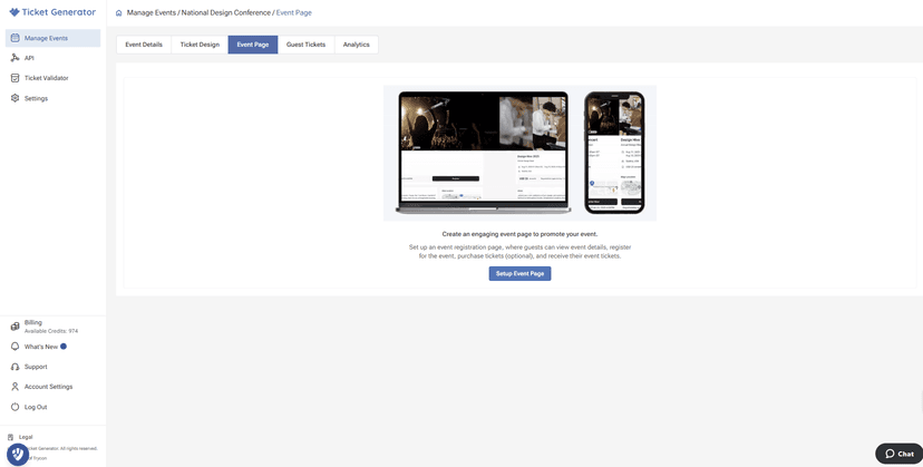 Ticket Generator’s Event Page screen showing desktop and mobile previews, with an option to create or customize an event page.