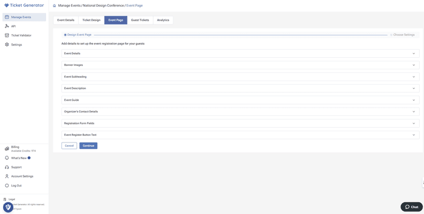 Ticket Generator’s Event Page setup screen showing collapsible sections for event details, images, attendance, and more.
