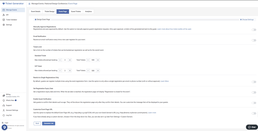 Ticket Generator’s Event Page setup screen with manual approval, email notifications, ticket limits, VIP settings, and link generation.