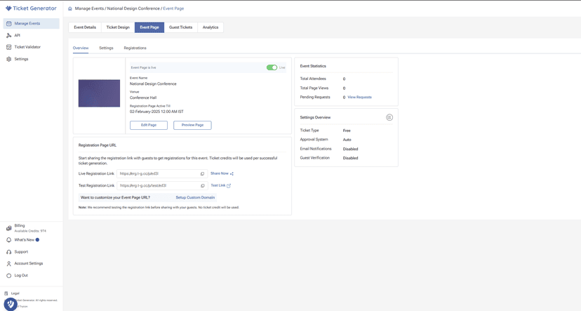 Ticket Generator’s “Event Page” settings for National Design Conference, showing registration options, event stats, and toggle switch.
