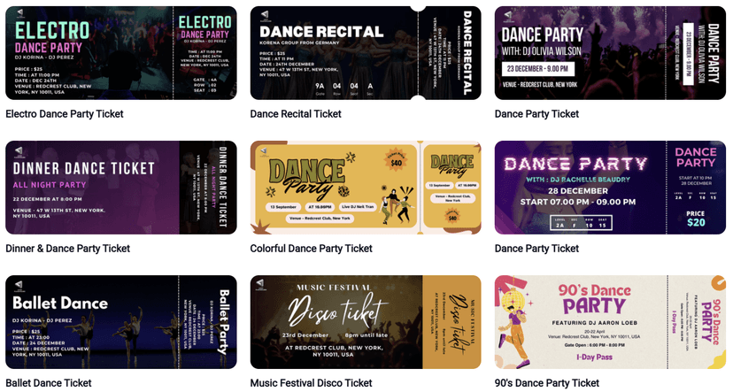 Multiple dance-themed ticket templates for events, featuring vibrant graphics and text like "Electro Dance Party" and "Dance Recital."
