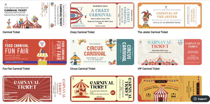 Various colorful carnival ticket templates in festival ticketing system with different themes, including circus, fun fair, and VIP carnival tickets.