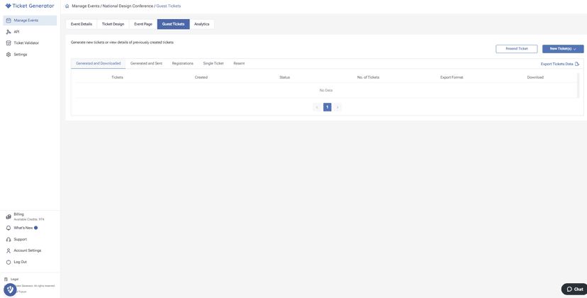 Ticket Generator’s “Guest Tickets” page with an empty table and options to create or export tickets.