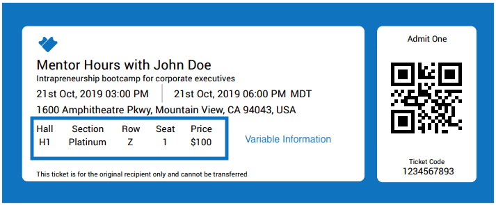 Ticket PDF showing the variable information