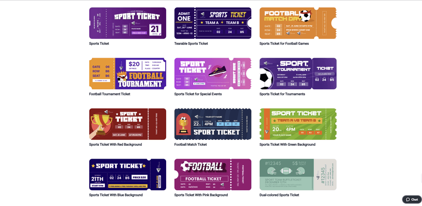 Multiple sports-themed ticket templates featuring football tournaments, matches, and other athletic events in colorful designs.