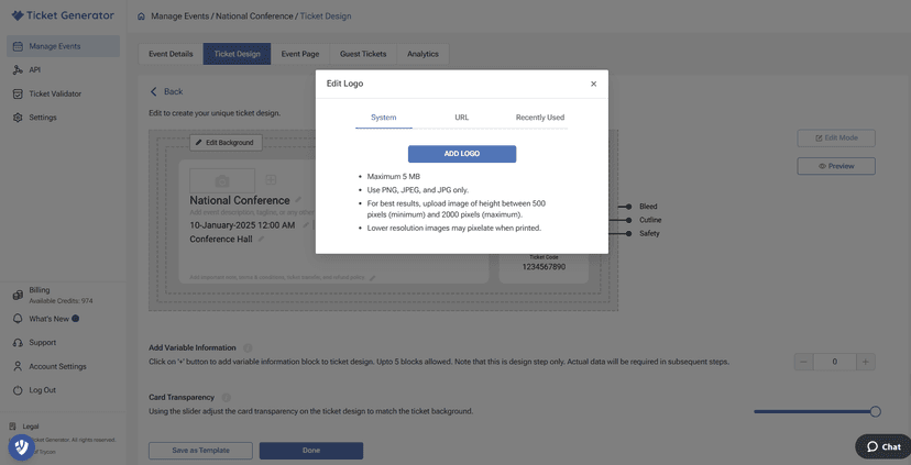 Ticket Generator’s “Edit Logo” popup with options to add a logo from system, URL, or recently used images.