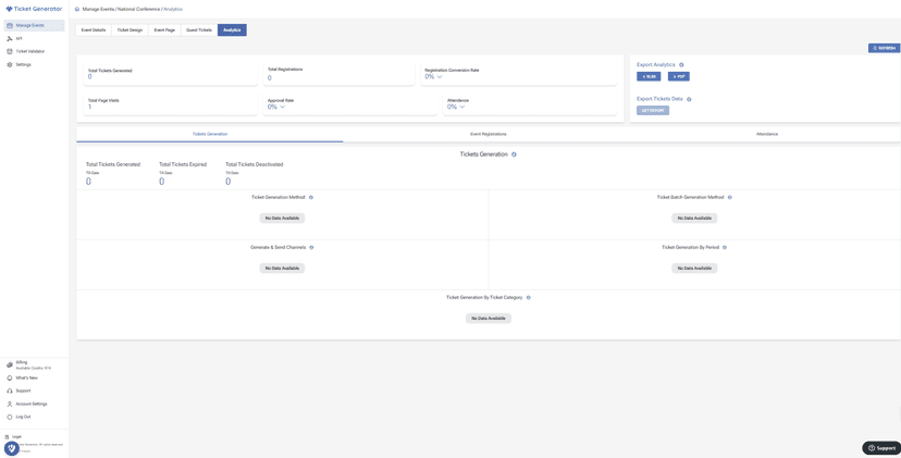 Ticket Generator analytics dashboard displaying event statistics, ticket generation, and export options.