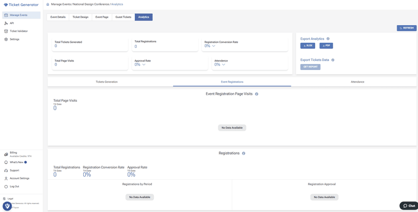 Ticket Generator’s Analytics page for National Design Conference with stats, graphs, and export options.