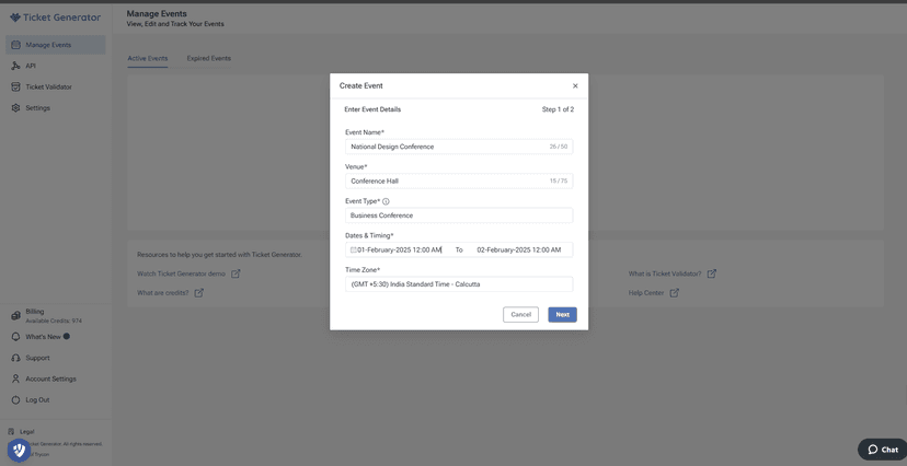 Ticket Generator’s “Create Event” popup with fields for event name, venue, date/time, and a “Next” button.