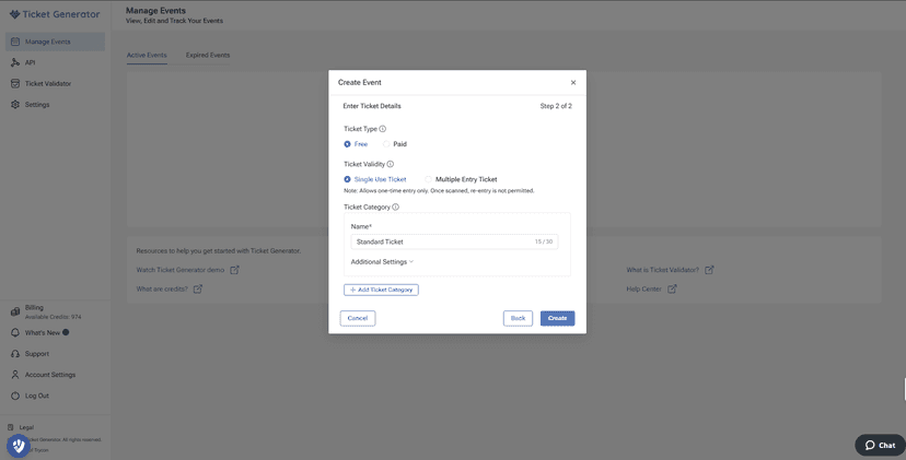 Ticket Generator's “Create Event” popup showing ticket type, validity, category fields, and a “Create” button.