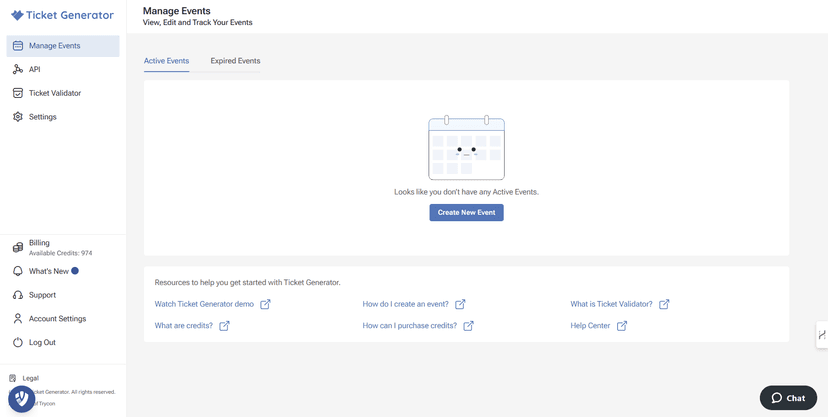 Ticket Generator Manage Events page showing no active events, a calendar icon, and a “Create New Event” button.