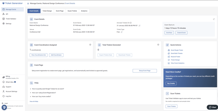 Ticket Generator’s “Event Details” page for National Design Conference with stats, coordinators, and quick actions.