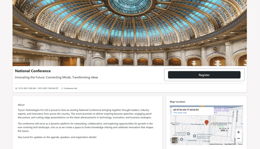 Ticket Generator event page preview for the National Conference, featuring event details, a registration button, and a map location.