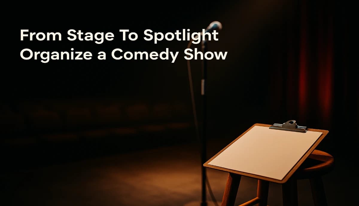 A comedy club stage with a microphone stand and a clipboard under a spotlight, illustrating how to organize a comedy show