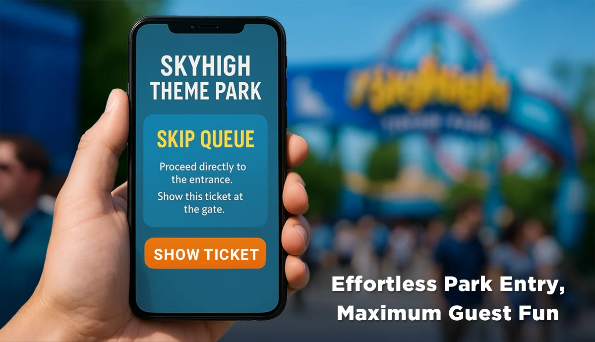Smartphone displaying a "Skyhigh Theme Park" app with a "Skip Queue" option, showcasing a Theme Park Ticketing System for easy park entry
