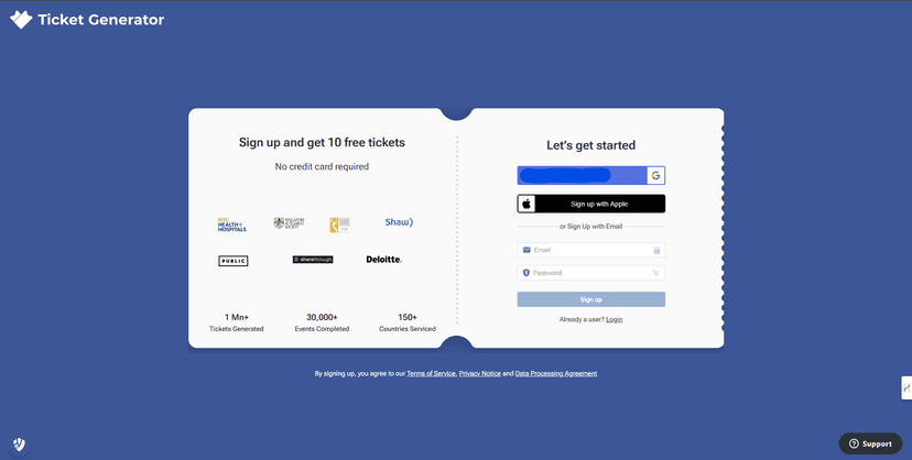 Ticket Generator sign-up page with a left panel offering 10 free tickets and brand logos, and a right panel with a sign-up form.