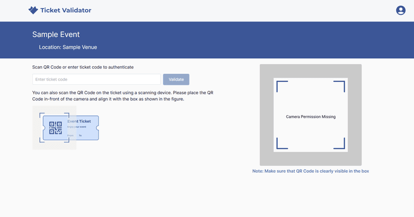 Ticket Validator page for Sample Event with location, a QR code scanning box, a ticket code field, and a “Validate” button.