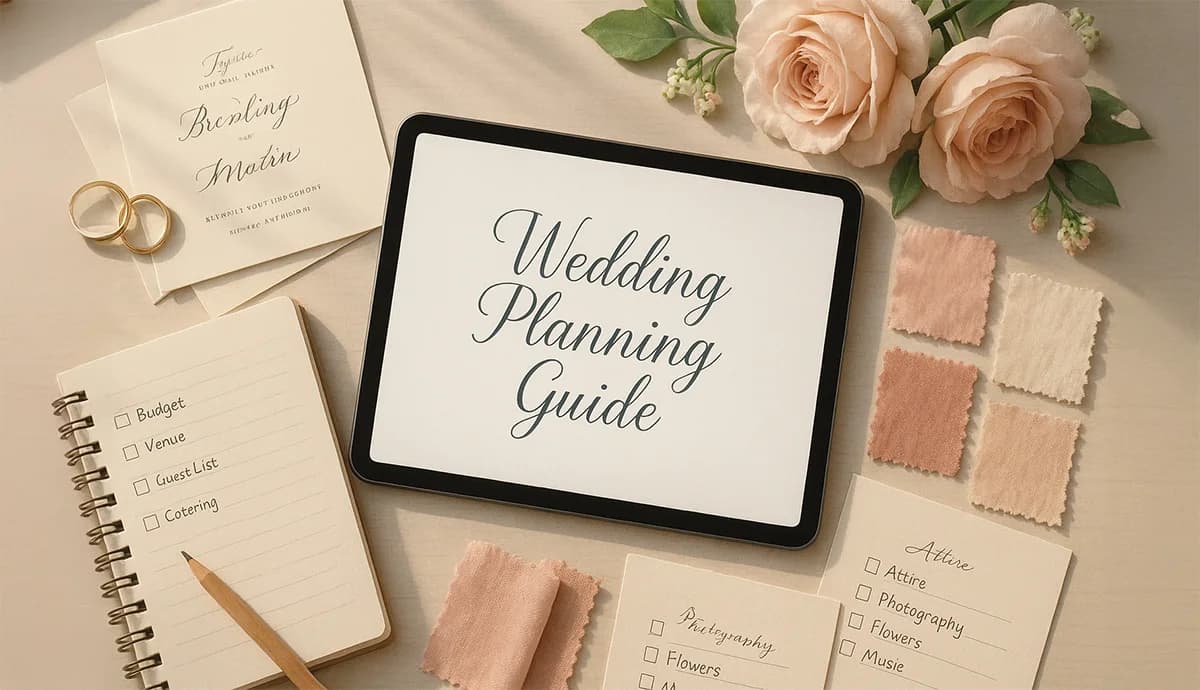 Flat lay of wedding planning items including a tablet with "Wedding Planning Guide," a checklist, and wedding rings, representing wedding planning