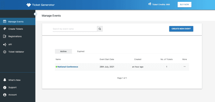 Dashboard of Ticket generator