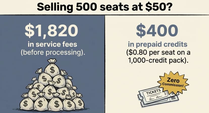 eventbrite vs ticket generator 500 seats at 50 cost comparison