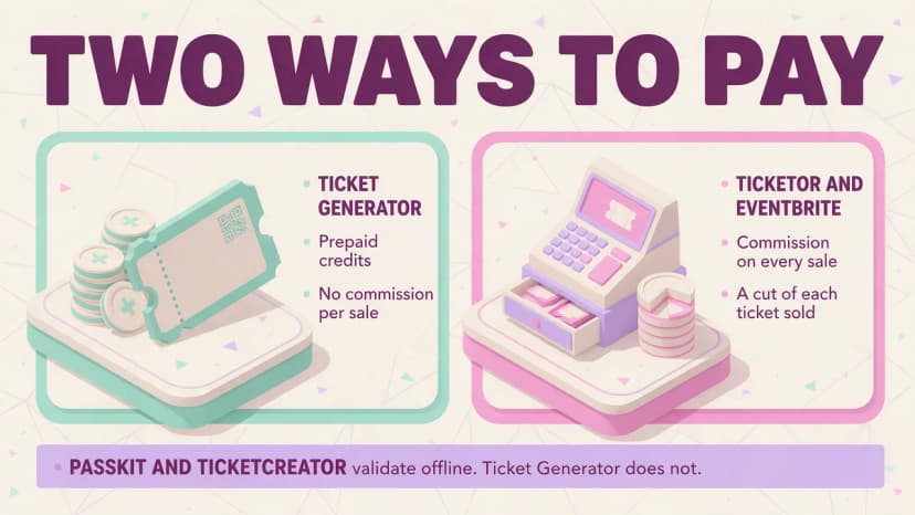 Comparison graphic contrasting Ticket Generator's prepaid credits with no commission against Ticketor and Eventbrite taking a commission on every sale.