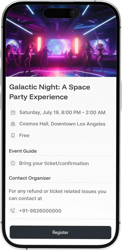 Ticket Generator dashboard on a phone, showing an event registration page with ticket sending in progress